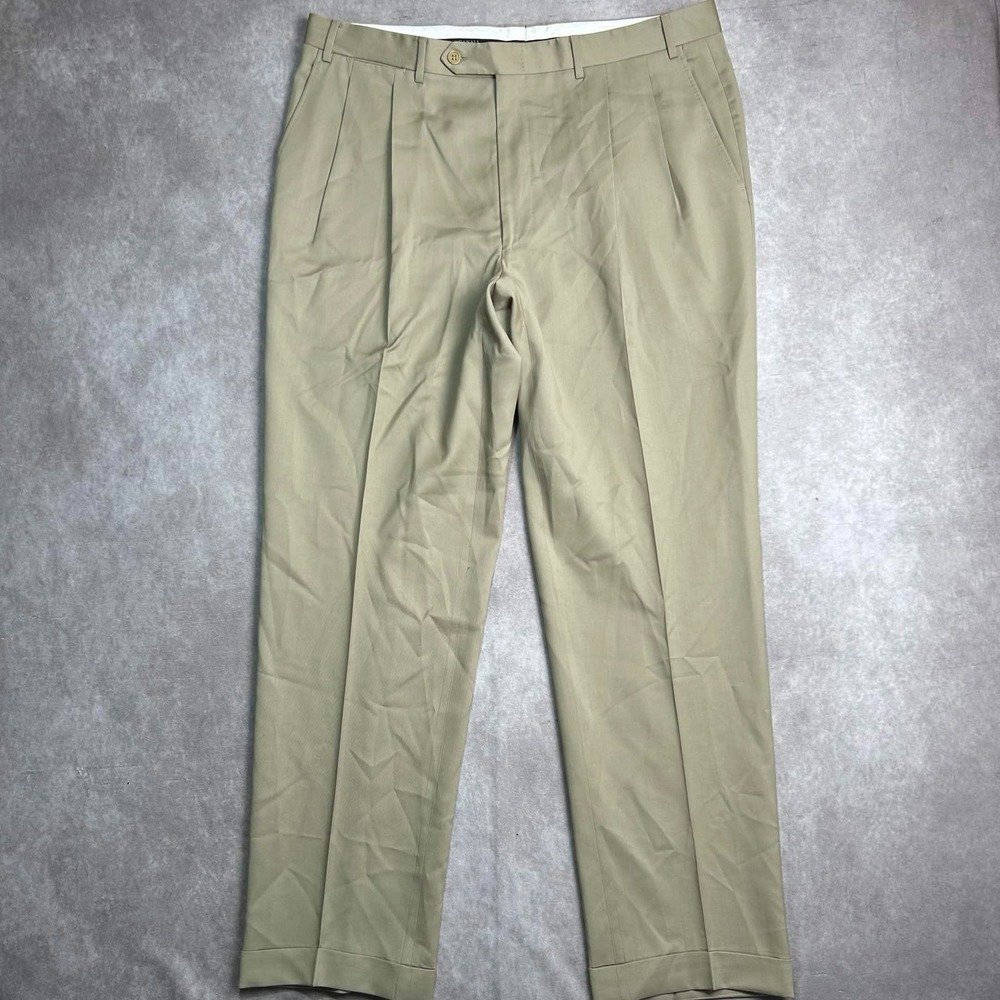 Canali Mens Tan 100% Pure Wool Pleated Cuffed Dress Trousers Pants Italy 38x31